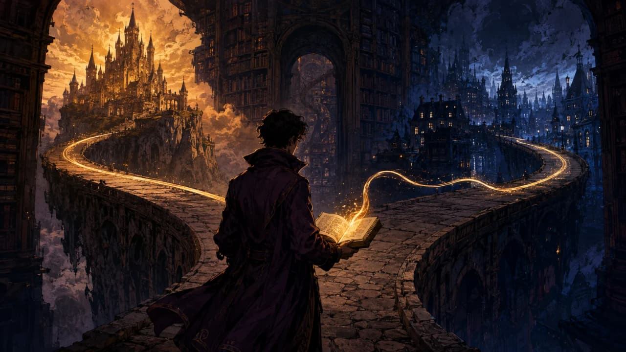 A traveler pauses where a library bridge divides into a castle world and a rain-lit city.