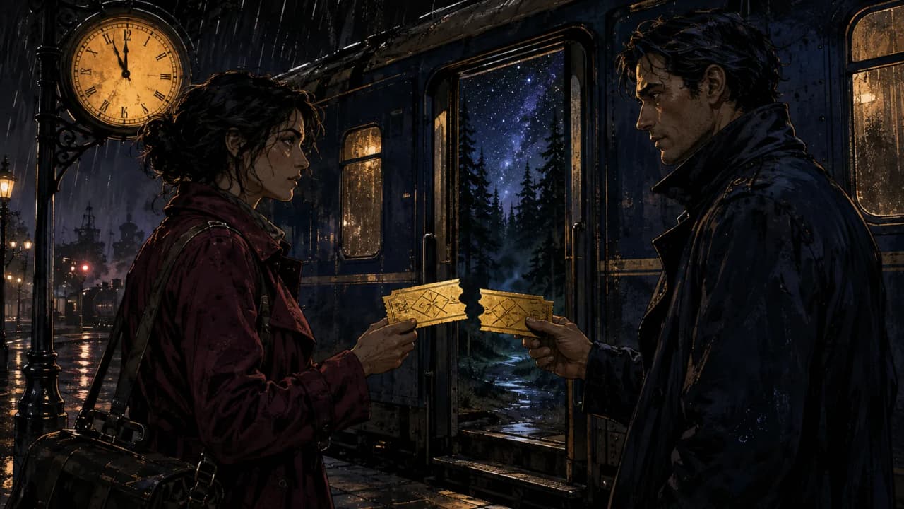 Two strangers compare halves of a golden ticket beside a train opening into a moonlit forest.